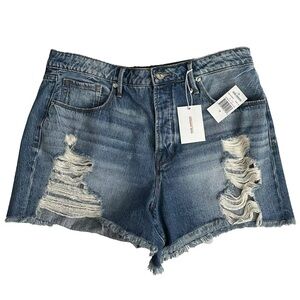 Good American Bombshell Curved-Hem Denim Shorts Size: 14 New Blue 153 NWT Cotton